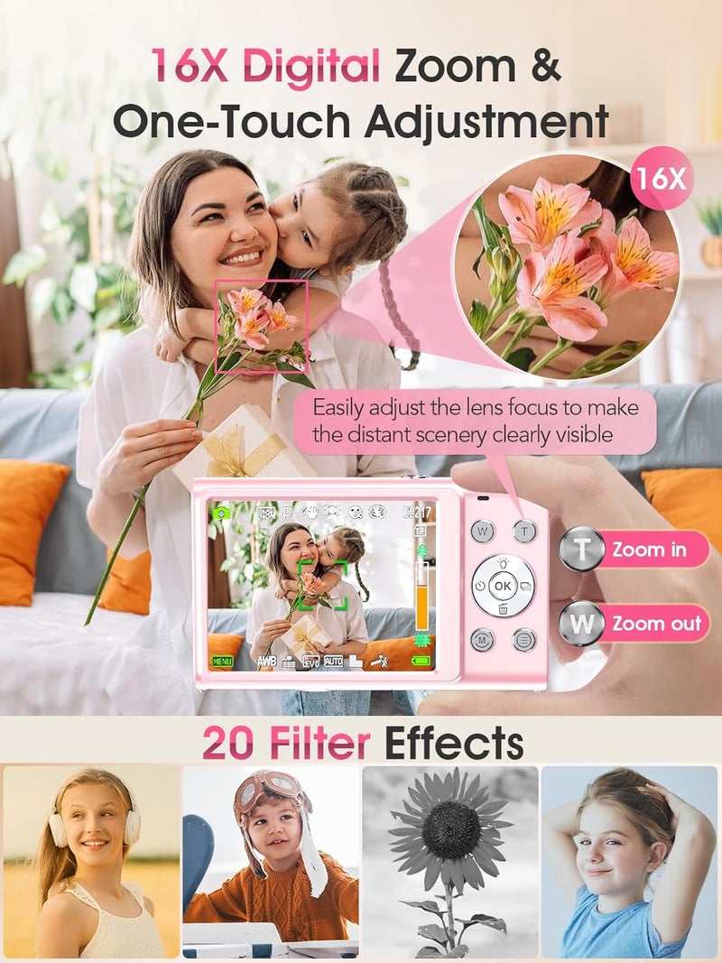 Lecnippy Digital Camera,Autofocus 4K Vlogging Camera for Photography with 32GB Card,48MP Portable Compact Point and Shoot Digital Camera for Teens Adult Beginner with 16X Zoom,Anti-Shake,2 Batteries(Pink) - Image 4